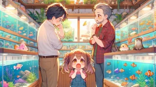 ペットショップで、お魚を欲しがる子どものイラスト。