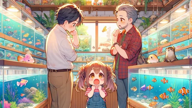 ペットショップで、お魚を欲しがる子どものイラスト。